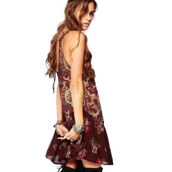 Free People Maroon Paisley Floral Print Dobby Dot Slip Dress Small - Picture 12 of 12